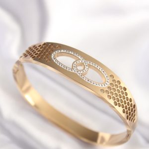 316L Çelik Gold Renk Zirkon Taşlı Kadın Kelepçe Bilezik - Görsel 1