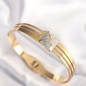 316L Çelik Zirkon Taşlı Gold Renk Kadın Kelepçe Bilezik - Görsel 1