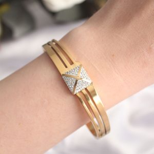 316L Çelik Zirkon Taşlı Gold Renk Kadın Kelepçe Bilezik - Görsel 2