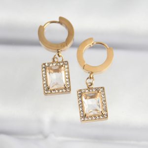 316L Çelik Gold Renk Taşlı Dikdörtgen Model Küpe - Görsel 1