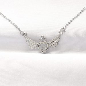 316L Çelik Silver Renk Zirkon Taşlı Kalpli Kanat Kolye - Görsel 1