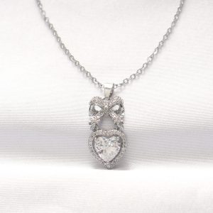 316L Çelik Silver Renk Zirkon Taşlı Kalpli Fiyonk Kolye - Görsel 1