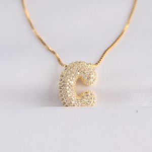 316L Çelik Zincirli Zirkon Taşlı C Harfli Gold Renk Bubble Kolye - Görsel 1