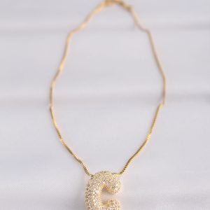 316L Çelik Zincirli Zirkon Taşlı C Harfli Gold Renk Bubble Kolye - Görsel 2