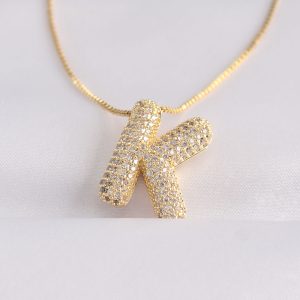 316L Çelik Zincirli Zirkon Taşlı K Harfli Gold Renk Bubble Kolye - Görsel 1