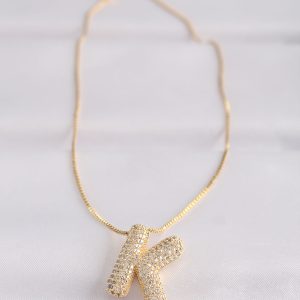 316L Çelik Zincirli Zirkon Taşlı K Harfli Gold Renk Bubble Kolye - Görsel 2