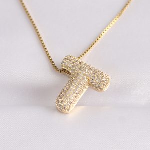 316L Çelik Zincirli Zirkon Taşlı T Harfli Gold Renk Bubble Kolye - Görsel 1
