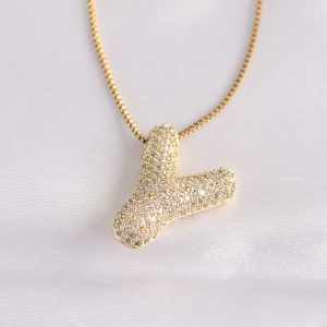 316L Çelik Zincirli Zirkon Taşlı Y Harfli Gold Renk Bubble Kolye - Görsel 1