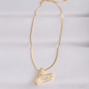 316L Çelik Zincirli Zirkon Taşlı Y Harfli Gold Renk Bubble Kolye - Görsel 2