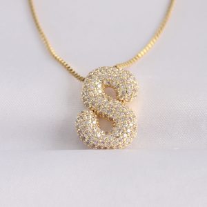 316L Çelik Zincirli Zirkon Taşlı S Harfli Gold Renk Bubble Kolye - Görsel 1