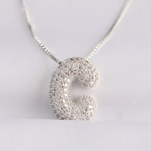 316L Çelik Zincirli Zirkon Taşlı C Harfli Silver Renk Bubble Kolye - Görsel 1