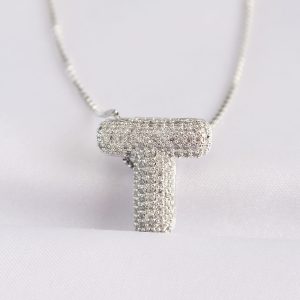 316L Çelik Zincirli Zirkon Taşlı T Harfli Silver Renk Bubble Kolye - Görsel 1
