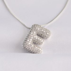 316L Çelik Zincirli Zirkon Taşlı E Harfli Silver Renk Bubble Kolye - Görsel 1