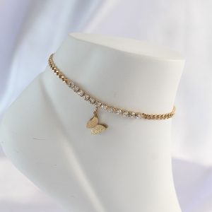 316L Çelik Gold Renk Zirkon Taşlı Kelebek Tasarımlı Halhal - Görsel 1
