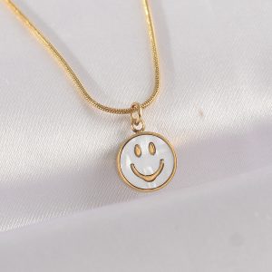 316L Çelik Zincir Altın Renk Mermer Desenli Minimal Smile Kolye - Görsel 1