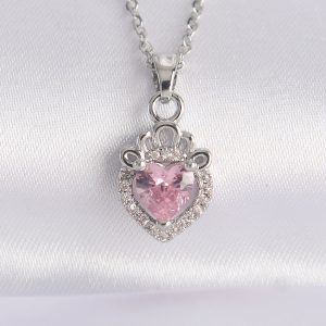 316L Çelik Zincir Gümüş Renk Pembe Zirkon Taşlı Rapunzel Kolye - Görsel 1