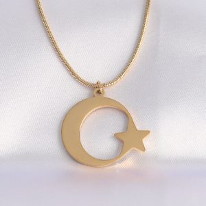 316L Çelik Zincir Gold Renk Ay Yıldız Unisex Kolye - Görsel 1