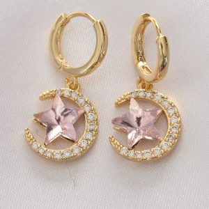 Pirinç Gold Renk Pembe Zirkon Taşlı Yıldız Detay Ay Küpe - Görsel 1