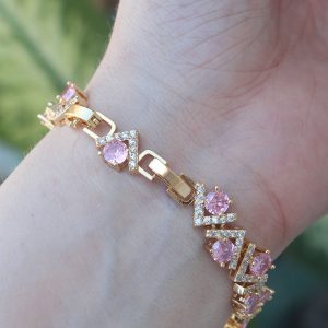 Vip Seri Pirinç Pembe Zirkon Taşlı Gold Renk V Model Bileklik - Görsel 2