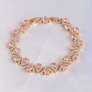 Vip Seri Pirinç Pembe Zirkon Taşlı Gold Renk V Model Bileklik - Görsel 1