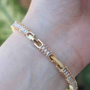 Vip Seri Pirinç Pembe Zirkon Taşlı Gold Renk Baget Model Bileklik - Görsel 2