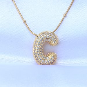 316L Çelik Zincirli Zirkon Taşlı C Harfli Gold Renk Bubble Kolye - Görsel 1
