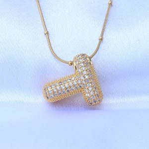 316L Çelik Zincirli Zirkon Taşlı T Harfli Gold Renk Bubble Kolye - Görsel 2