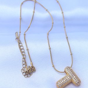 316L Çelik Zincirli Zirkon Taşlı T Harfli Gold Renk Bubble Kolye - Görsel 3