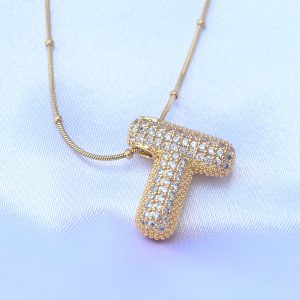 316L Çelik Zincirli Zirkon Taşlı T Harfli Gold Renk Bubble Kolye - Görsel 1