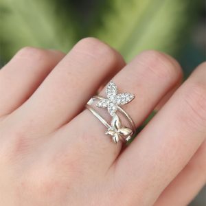 Pirinç Gümüş Renk Ayarlanabilir Zirkon Taşlı Kelebek Yüzük - Görsel 1