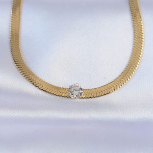 316L Çelik Gold Renk Tek Zirkon Taşlı İtalyan Zincir Kolye - Görsel 1