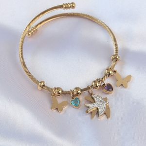 316L Çelik Gold Renk Zirkon Taşlı Minimal Kalp Detay Kelebek Charm Bileklik - Görsel 1