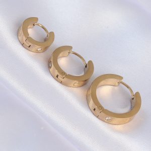 316L Çelik Gold Renk Zirkon Taşlı Model 3lü Halka Küpe - Görsel 1