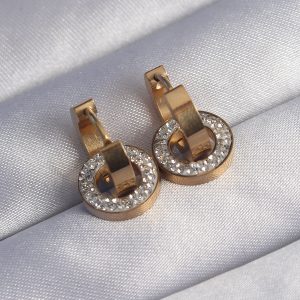 316L Çelik Gold Renk Zirkon Taşlı İç İçe Geçmeli Oval Küpe - Görsel 2