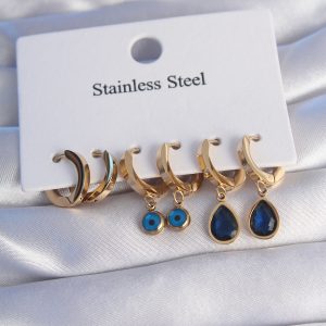 316L Çelik Gold Renk Oval Tasarım Mavi Zirkon Taşlı Damla Model Küpe Seti - Görsel 1