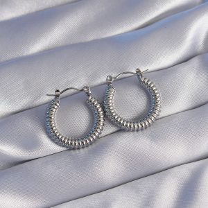 316L Çelik Gümüş Renk Oval Tasarımlı Tırtıklı Küpe - Görsel 1
