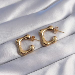 316L Çelik Gold Renk İçi Boş Bubble Kalp Küpe - Görsel 1