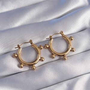 316L Çelik Gold Renk Topçuk Tasarımlı Oval Küpe - Görsel 1