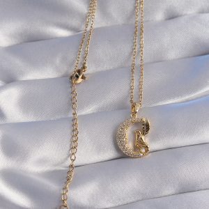 316L Çelik Zincir Gold Renk Kuş Figürlü Zirkon Taşlı Ay Tasarımlı Kolye - Görsel 2