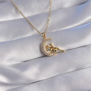 316L Çelik Zincir Gold Renk Peri Figürlü Zirkon Taşlı Ay Tasarımlı Kolye - Görsel 1
