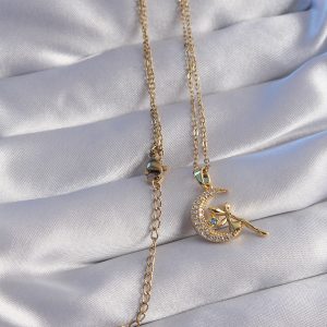 316L Çelik Zincir Gold Renk Peri Figürlü Zirkon Taşlı Ay Tasarımlı Kolye - Görsel 2