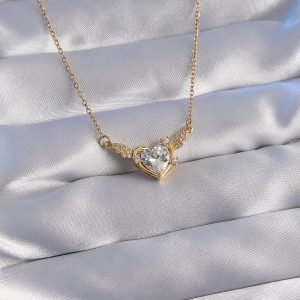 316L Çelik Zincir Gold Renk Zirkon Taşlı Kanatlı Kalp Kolye - Görsel 1