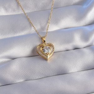 316L Çelik Zincir Gold Renk Zirkon Taşlı Kalp Kolye - Görsel 1