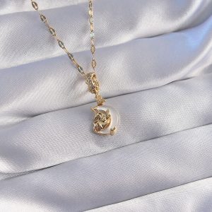 316L Çelik Zincir Gold Renk Zirkon Taşlı Sedefli Ay Figürlü Kolye - Görsel 1