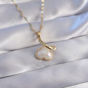 316L Çelik Zincir Gold Renk Zirkon Taşlı Mineli Kalp Kolye - Görsel 1