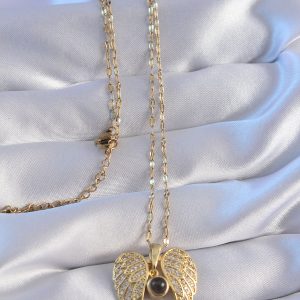 316L Çelik Zincir Gold Renk Zirkon Taşlı Kanat Figürlü Projeksiyon Kolye - Görsel 2