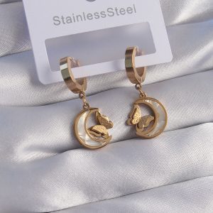 316L Çelik Gold Renk Mineli Ay Figürlü Kelebek Küpe - Görsel 1