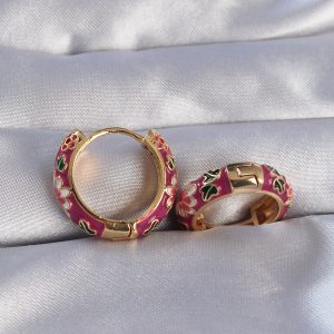 Pirinç Gold Renk Fuşya Mineli Etnik Desenli Halka Küpe - Görsel 2
