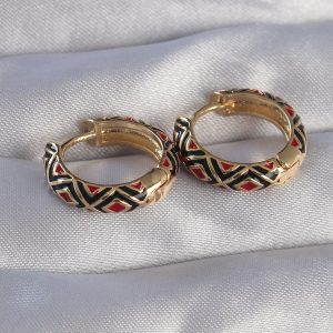 Pirinç Gold Renk Siyah Etnik Desenli Halka Küpe - Görsel 2