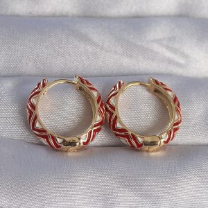 Pirinç Gold Renk Kırmızı Etnik Desenli Halka Küpe - Görsel 1